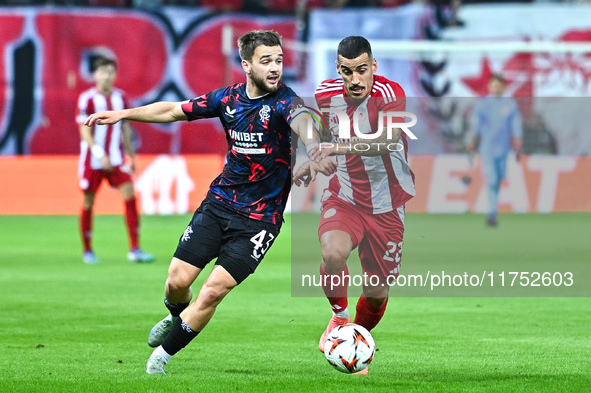 Nicolas Raskin of Rangers competes with Chiquinho of Olympiacos FC during the Europa League, Matchday 4 match between Olympiacos FC and Rang...