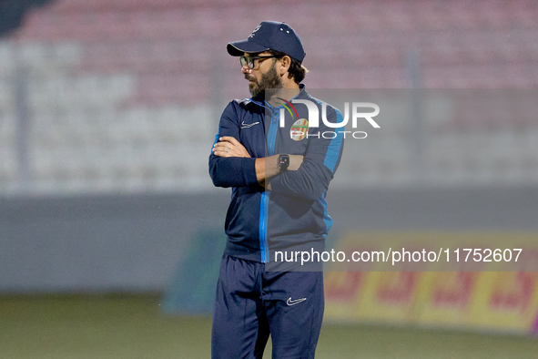 In Ta' Qali, Malta, on November 7, 2024, Stefano De Angelis, head coach of Birkirkara, gestures during the Malta 360 Sports Premier League s...