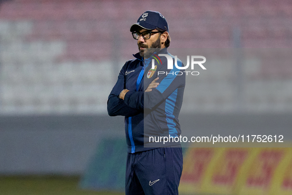 In Ta' Qali, Malta, on November 7, 2024, Stefano De Angelis, head coach of Birkirkara, gestures during the Malta 360 Sports Premier League s...