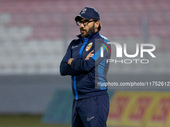 In Ta' Qali, Malta, on November 7, 2024, Stefano De Angelis, head coach of Birkirkara, gestures during the Malta 360 Sports Premier League s...