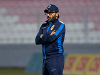 In Ta' Qali, Malta, on November 7, 2024, Stefano De Angelis, head coach of Birkirkara, gestures during the Malta 360 Sports Premier League s...