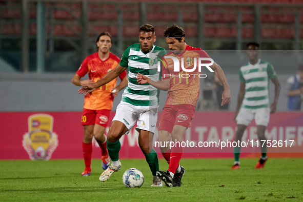 In Ta' Qali, Malta, on November 7, 2024, Jake Grech of Floriana vies for the ball with Pablo Gaitan of Birkirkara during the Malta 360 Sport...