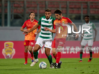 In Ta' Qali, Malta, on November 7, 2024, Jake Grech of Floriana vies for the ball with Pablo Gaitan of Birkirkara during the Malta 360 Sport...