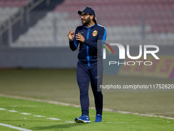 In Ta' Qali, Malta, on November 7, 2024, Stefano De Angelis, head coach of Birkirkara, gestures during the Malta 360 Sports Premier League s...