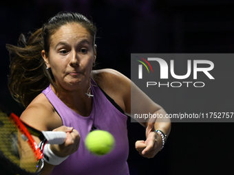 RIYADH, SAUDI ARABIA - NOVEMBER 07: Daria Kasatkina during her match against Iga Swiatek of Poland, on Day 6 of the 2024 WTA Finals, part of...