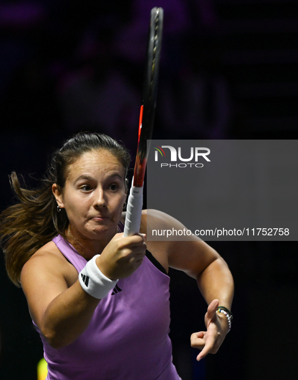 RIYADH, SAUDI ARABIA - NOVEMBER 07: Daria Kasatkina during her match against Iga Swiatek of Poland, on Day 6 of the 2024 WTA Finals, part of...