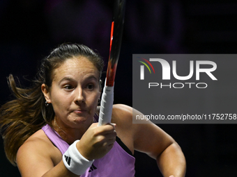 RIYADH, SAUDI ARABIA - NOVEMBER 07: Daria Kasatkina during her match against Iga Swiatek of Poland, on Day 6 of the 2024 WTA Finals, part of...