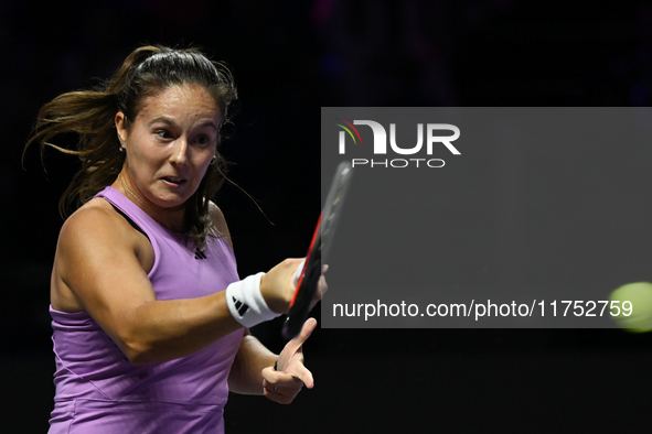 RIYADH, SAUDI ARABIA - NOVEMBER 07: Daria Kasatkina during her match against Iga Swiatek of Poland, on Day 6 of the 2024 WTA Finals, part of...