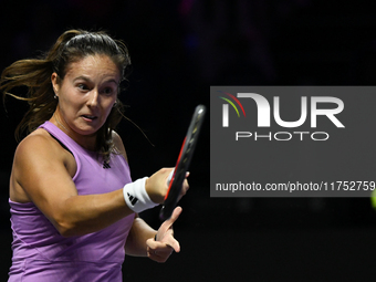 RIYADH, SAUDI ARABIA - NOVEMBER 07: Daria Kasatkina during her match against Iga Swiatek of Poland, on Day 6 of the 2024 WTA Finals, part of...