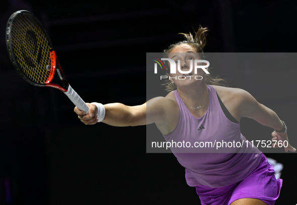 RIYADH, SAUDI ARABIA - NOVEMBER 07: Daria Kasatkina during her match against Iga Swiatek of Poland, on Day 6 of the 2024 WTA Finals, part of...