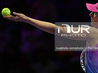 RIYADH, SAUDI ARABIA - NOVEMBER 07: Iga Swiatek of Poland during her match against Daria Kasatkina, on Day 6 of the 2024 WTA Finals, part of...