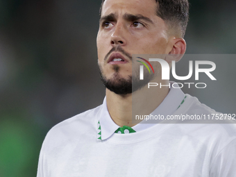 Pablo Fornals of Real Betis poses with a t-shirt supporting the province of Valencia during the UEFA Conference League 2024/25 League Phase...