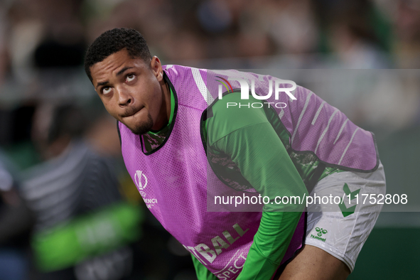 Vitor Roque of Real Betis participates in the UEFA Conference League 2024/25 League Phase MD3 match between Real Betis and NK Celje at Benit...