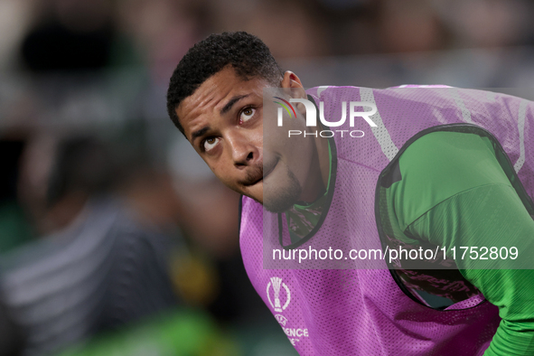 Vitor Roque of Real Betis participates in the UEFA Conference League 2024/25 League Phase MD3 match between Real Betis and NK Celje at Benit...