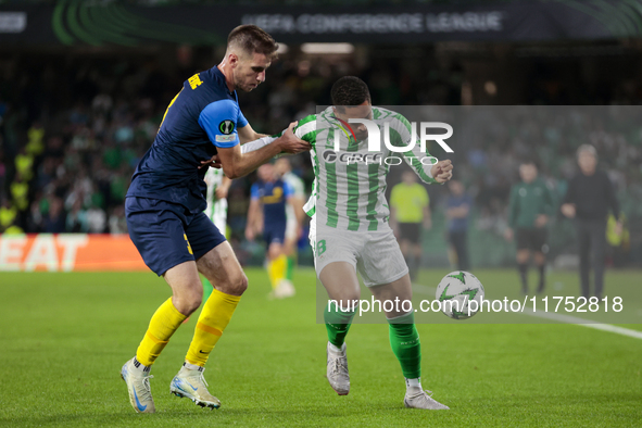 Vitor Roque of Real Betis battles for the ball during the UEFA Conference League 2024/25 League Phase MD3 match between Real Betis and NK Ce...