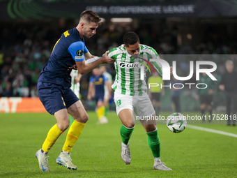 Vitor Roque of Real Betis battles for the ball during the UEFA Conference League 2024/25 League Phase MD3 match between Real Betis and NK Ce...