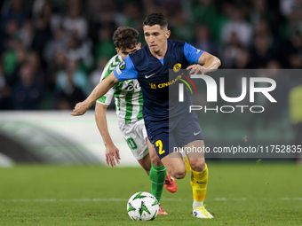 In Seville, Spain, on November 7, 2024, Juanjo Nieto of NK Celje controls the ball during the UEFA Conference League 2024/25 League Phase MD...