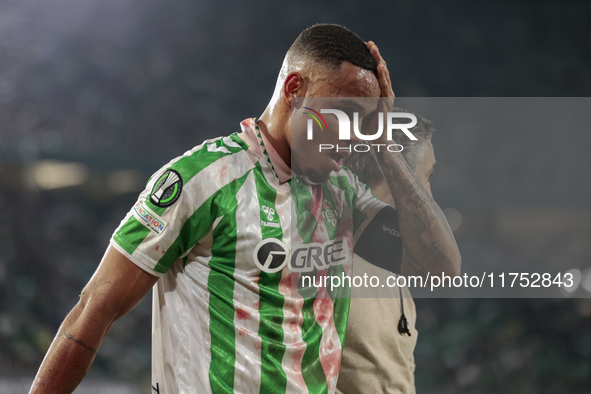 Natan Bernardo de Souza of Real Betis lies injured on the field during the UEFA Conference League 2024/25 League Phase MD3 match between Rea...