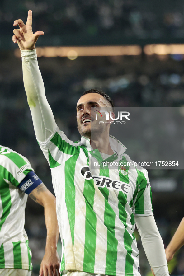 Juanmi of Real Betis celebrates a goal during the UEFA Conference League 2024/25 League Phase MD3 match between Real Betis and NK Celje at B...