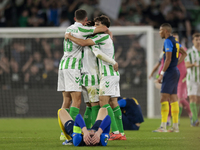 In Seville, Spain, on November 7, 2024, Sergi Altimira, Juanmi, and Johnny Cardoso of Real Betis play during the UEFA Conference League 2024...