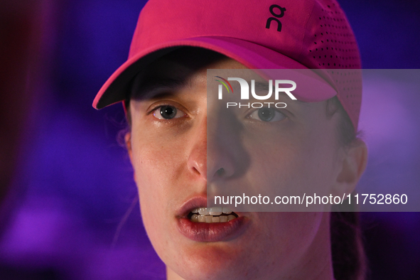 RIYADH, SAUDI ARABIA - NOVEMBER 07: Iga Swiatek of Poland speaks to the media after her victory over Daria Kasatkina on Day 6 of the 2024 WT...