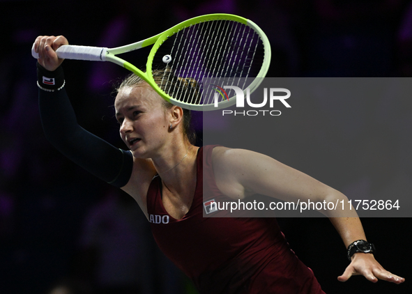 RIYADH, SAUDI ARABIA - NOVEMBER 07: Barbora Krejcikova of Czech Republic during her match against Coco Gauff of USA, on Day 6 of the 2024 WT...