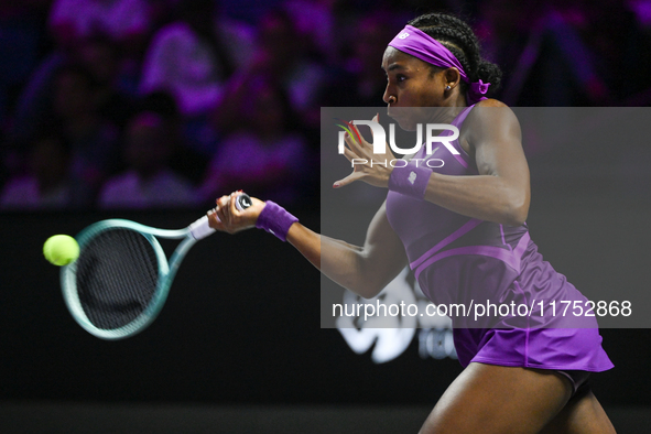 RIYADH, SAUDI ARABIA - NOVEMBER 07: Coco Gauff of USA during her match against Barbora Krejcikova of Czech Republic, on Day 6 of the 2024 WT...