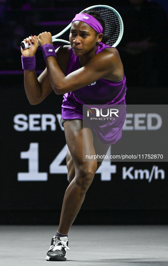 RIYADH, SAUDI ARABIA - NOVEMBER 07: Coco Gauff of USA during her match against Barbora Krejcikova of Czech Republic, on Day 6 of the 2024 WT...