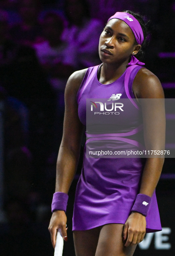 RIYADH, SAUDI ARABIA - NOVEMBER 07: Coco Gauff of USA during her match against Barbora Krejcikova of Czech Republic, on Day 6 of the 2024 WT...