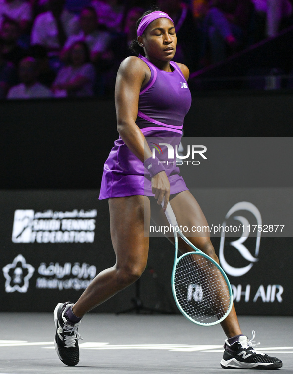 RIYADH, SAUDI ARABIA - NOVEMBER 07: Coco Gauff of USA during her match against Barbora Krejcikova of Czech Republic, on Day 6 of the 2024 WT...