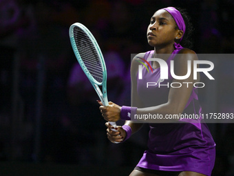 RIYADH, SAUDI ARABIA - NOVEMBER 07: Coco Gauff of USA during her match against Barbora Krejcikova of Czech Republic, on Day 6 of the 2024 WT...