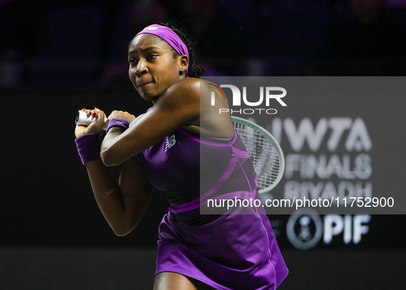 RIYADH, SAUDI ARABIA - NOVEMBER 07: Coco Gauff of USA during her match against Barbora Krejcikova of Czech Republic, on Day 6 of the 2024 WT...