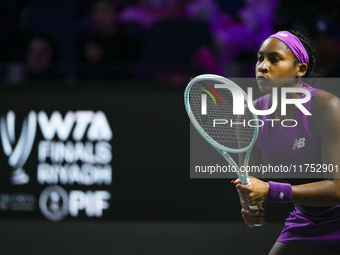 RIYADH, SAUDI ARABIA - NOVEMBER 07: Coco Gauff of USA during her match against Barbora Krejcikova of Czech Republic, on Day 6 of the 2024 WT...