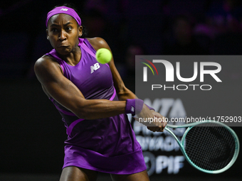 RIYADH, SAUDI ARABIA - NOVEMBER 07: Coco Gauff of USA during her match against Barbora Krejcikova of Czech Republic, on Day 6 of the 2024 WT...