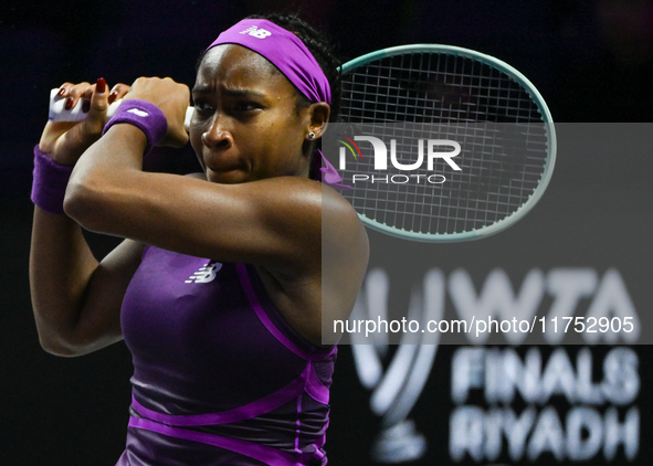 RIYADH, SAUDI ARABIA - NOVEMBER 07: Coco Gauff of USA during her match against Barbora Krejcikova of Czech Republic, on Day 6 of the 2024 WT...