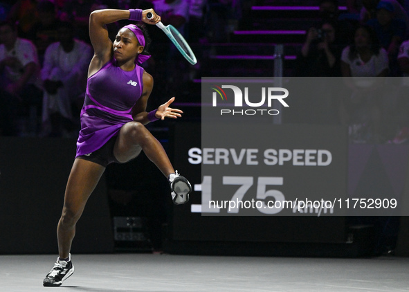 RIYADH, SAUDI ARABIA - NOVEMBER 07: Coco Gauff of USA during her match against Barbora Krejcikova of Czech Republic, on Day 6 of the 2024 WT...