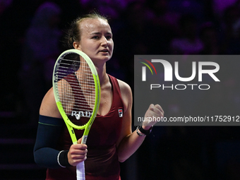 RIYADH, SAUDI ARABIA - NOVEMBER 07: Barbora Krejcikova of Czech Republic celebrates after winning her match against Coco Gauff of USA, on Da...