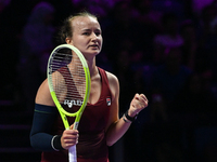 RIYADH, SAUDI ARABIA - NOVEMBER 07: Barbora Krejcikova of Czech Republic celebrates after winning her match against Coco Gauff of USA, on Da...