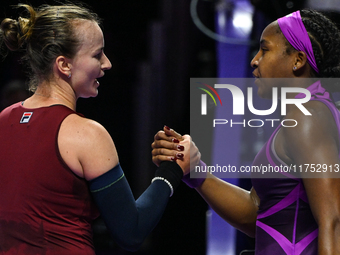 RIYADH, SAUDI ARABIA - NOVEMBER 07: Coco Gauff (R) of USA congratulates Barbora Krejcikova of Czech Republic at the end of the match, on Day...