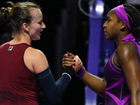 RIYADH, SAUDI ARABIA - NOVEMBER 07: Coco Gauff (R) of USA congratulates Barbora Krejcikova of Czech Republic at the end of the match, on Day...