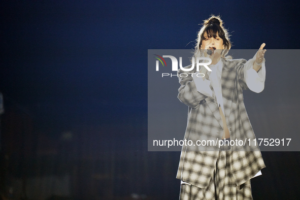 Israeli singer and songwriter Noga Erez performs on stage as part of the P!nk Summer Carnival Tour 2024 at Globe Life Field in Arlington, Te...