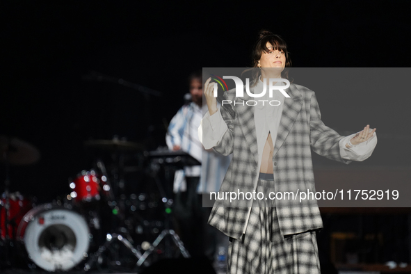 Israeli singer and songwriter Noga Erez performs on stage as part of the P!nk Summer Carnival Tour 2024 at Globe Life Field in Arlington, Te...