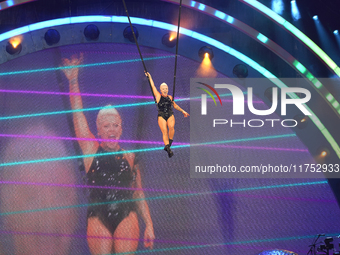 American singer Alecia Beth Moore, known as P!nk, performs on stage as part of the Pink Summer Carnival Tour 2024 at Globe Life Field in Arl...