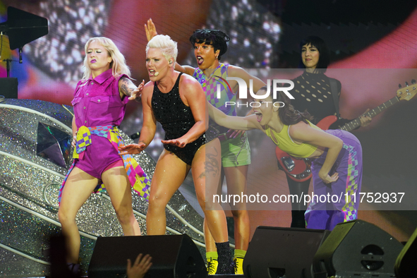 American singer Alecia Beth Moore, known as P!nk, performs on stage as part of the Pink Summer Carnival Tour 2024 at Globe Life Field in Arl...