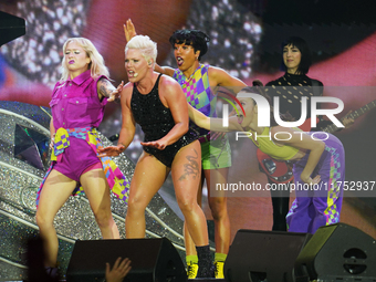 American singer Alecia Beth Moore, known as P!nk, performs on stage as part of the Pink Summer Carnival Tour 2024 at Globe Life Field in Arl...