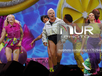 American singer Alecia Beth Moore, known as P!nk, performs on stage as part of the Pink Summer Carnival Tour 2024 at Globe Life Field in Arl...