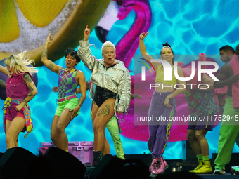 American singer Alecia Beth Moore, known as P!nk, performs on stage as part of the Pink Summer Carnival Tour 2024 at Globe Life Field in Arl...