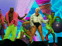 American singer Alecia Beth Moore, known as P!nk, performs on stage as part of the Pink Summer Carnival Tour 2024 at Globe Life Field in Arl...