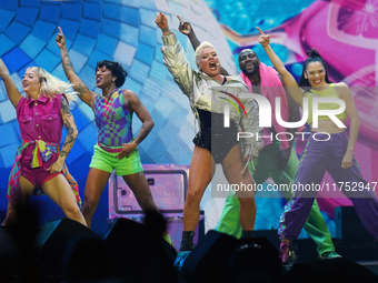 American singer Alecia Beth Moore, known as P!nk, performs on stage as part of the Pink Summer Carnival Tour 2024 at Globe Life Field in Arl...