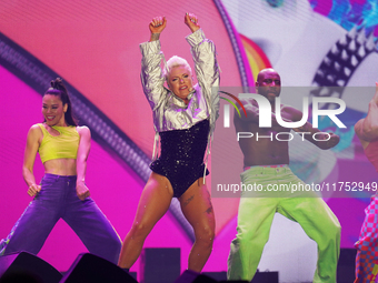 American singer Alecia Beth Moore, known as P!nk, performs on stage as part of the Pink Summer Carnival Tour 2024 at Globe Life Field in Arl...